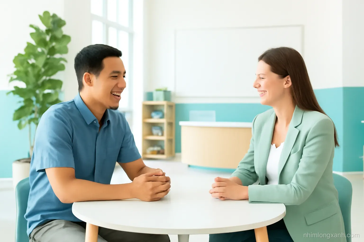 Eye-level medium shot of a Vietnamese father in a blue shirt talking with a smiling preschool principal at a small round table in a bright lobby, potted plants, airy white and teal palette