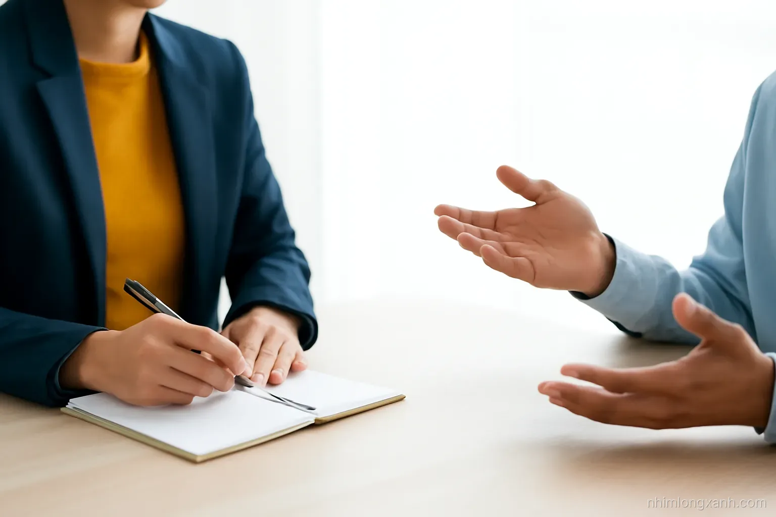 Close-up of two pairs of hands across a pale wooden table, a Vietnamese candidate gesturing while an interviewer holds a pen over a blank notepad, soft diffused light, navy and mustard accents