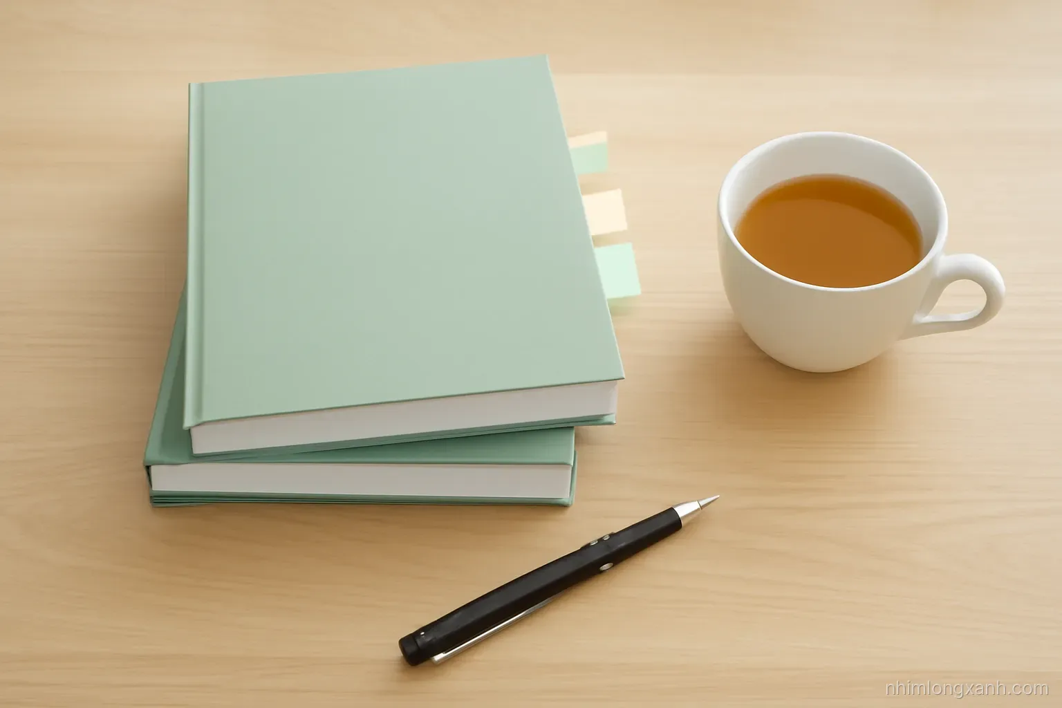 Top-down flat lay of neatly stacked bound theses, sticky tabs, fountain pen and a cup of tea on a light oak table, soft daylight, sage green and white
