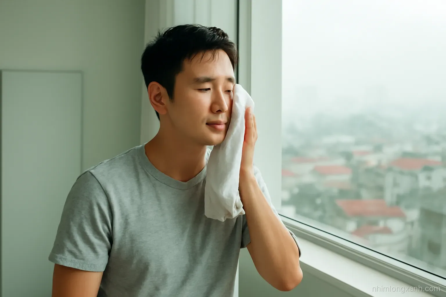 Wide window view of a misty humid morning over Hanoi rooftops, a young Vietnamese man in a light grey tee patting his face with a dry towel indoors, soft diffused light, muted sage palette