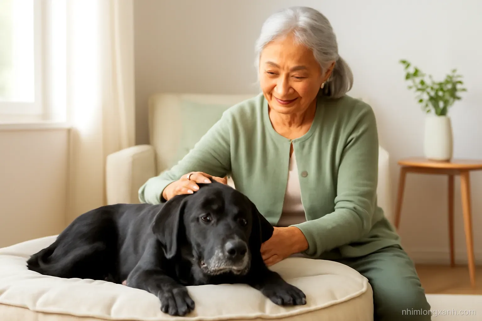 Soft wide shot of an elderly gray-muzzled labrador resting on a thick cushion while a senior Vietnamese woman strokes his head, afternoon window light, cream and sage palette