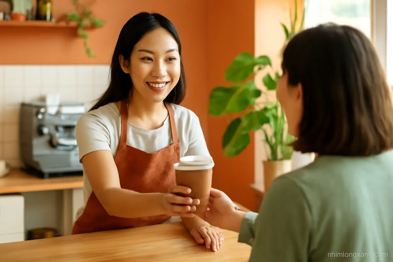Smiling Vietnamese barista handing a takeaway coffee to a regular customer across a wooden counter in a sunlit small cafe, medium shot, soft morning light, terracotta and leafy green tones