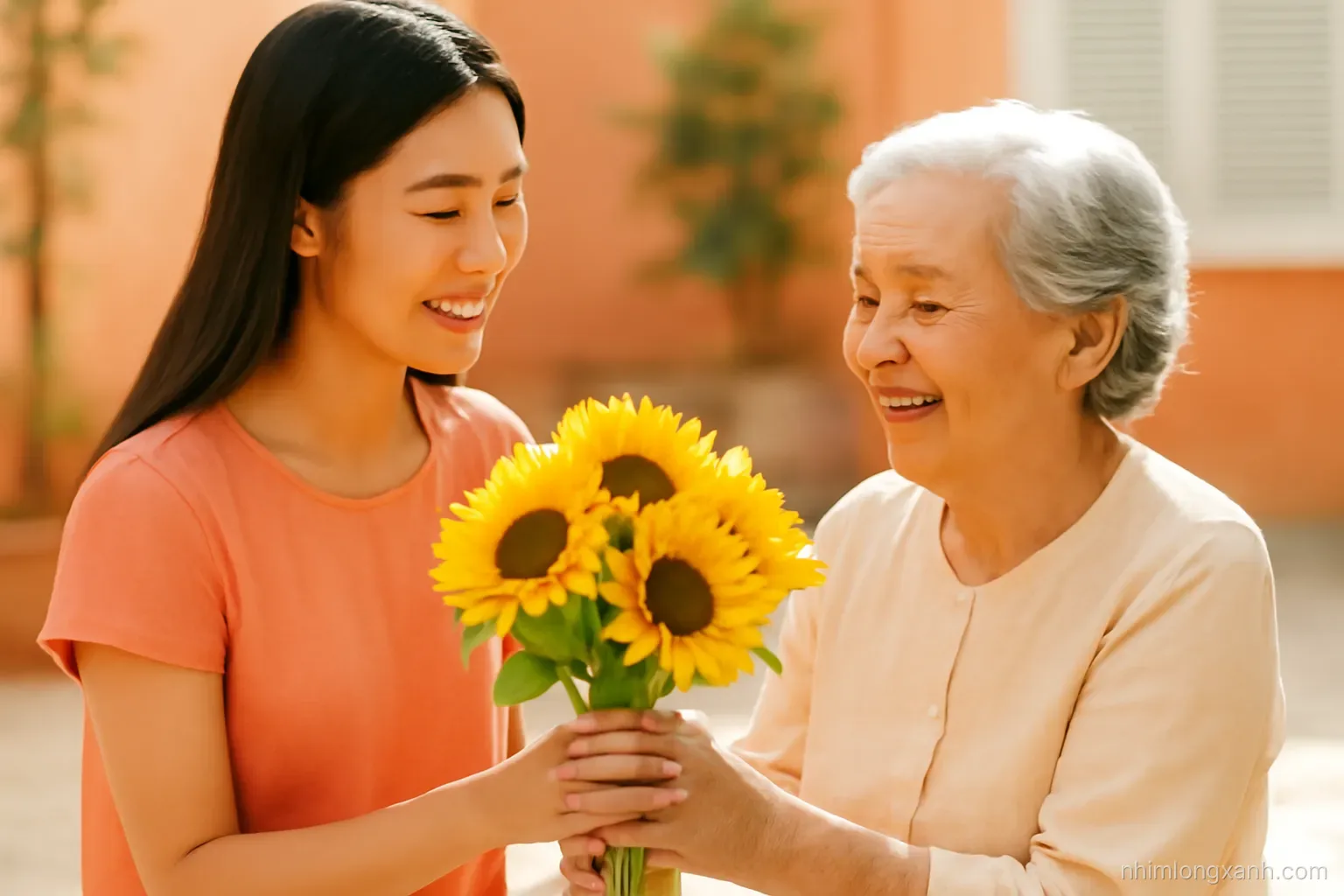 Close-up of a young Vietnamese woman handing a bunch of sunflowers to her smiling grandmother in a sunlit courtyard, warm coral and golden tones, shallow depth of field