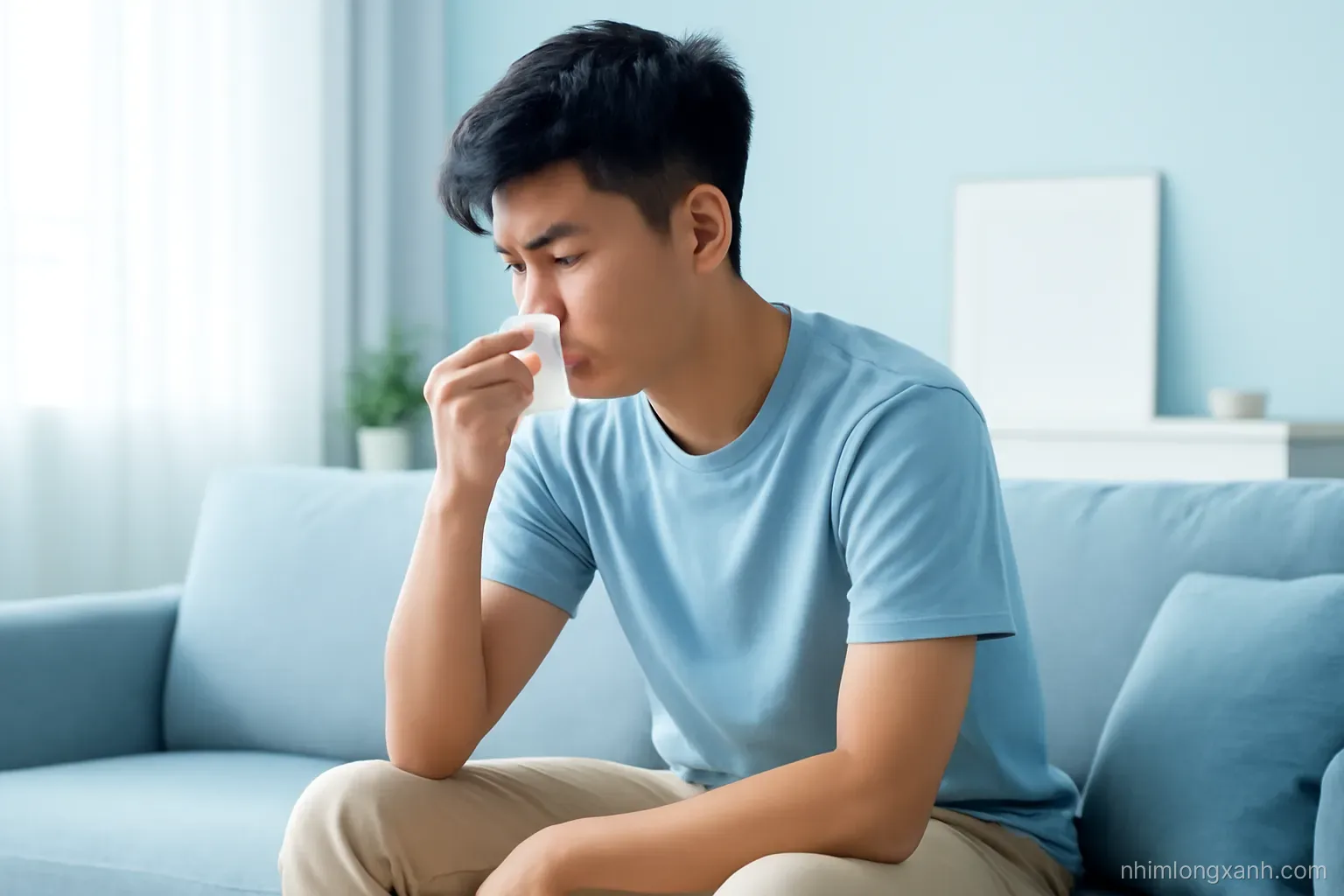 Side view of a Vietnamese teenage boy seated on a sofa leaning slightly forward, pinching the soft part of his nose with a tissue, airy living room, pastel blue tones