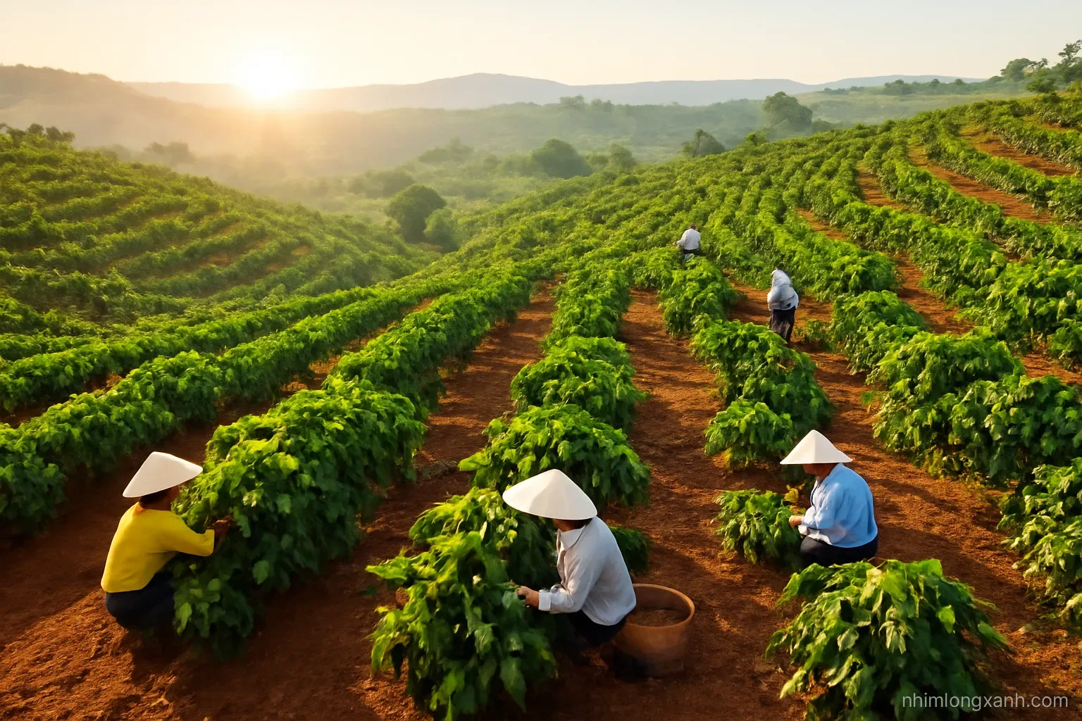 Aerial wide shot of rolling coffee hills and red basalt soil in the Central Highlands at sunrise, a few Vietnamese farmers picking ripe cherries, rich red and green palette