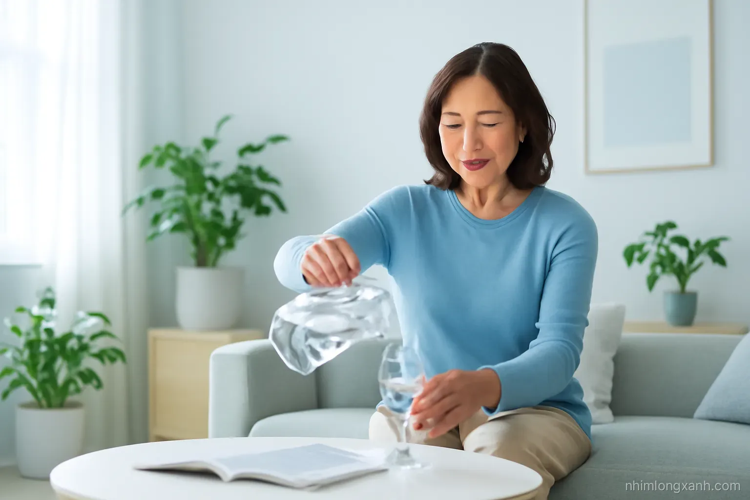 Wide shot of a Vietnamese woman in her fifties pouring water from a glass carafe in a sunny minimalist living room, potted plants, airy morning light, soft blue and white tones