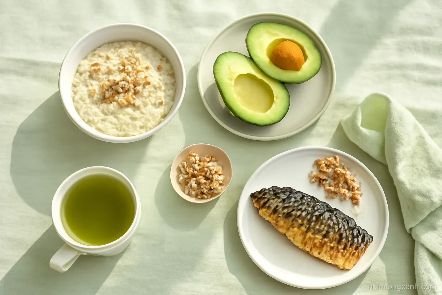 Top-down flat lay of a breakfast table with oatmeal, avocado halves, walnuts, grilled mackerel and green tea on a pale sage linen cloth, bright morning light, fresh green tones
