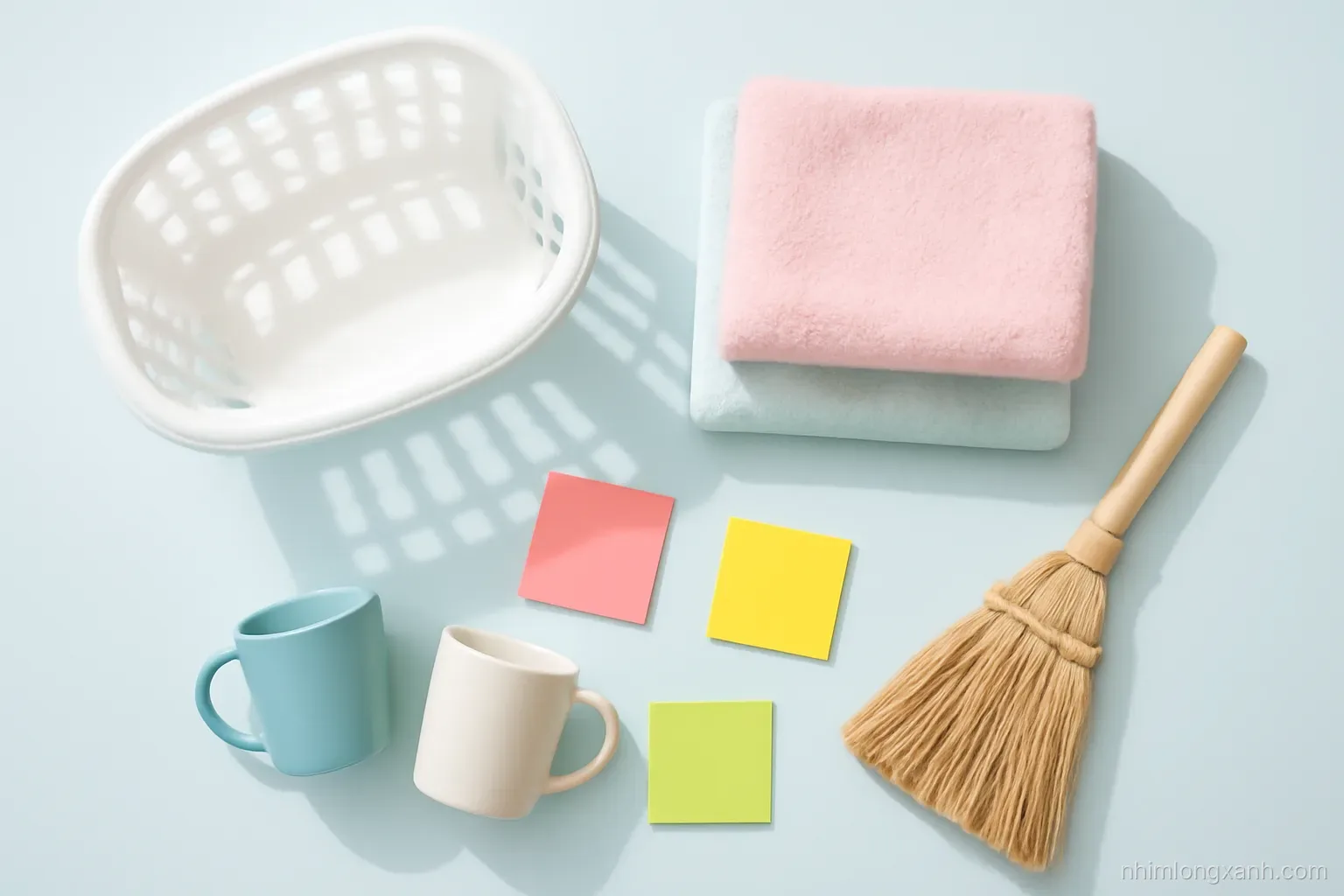 Top-down flat lay of a tidy pastel kitchen table with a laundry basket, folded towels, a broom, two coffee mugs and sticky notes in bright colors, crisp daylight