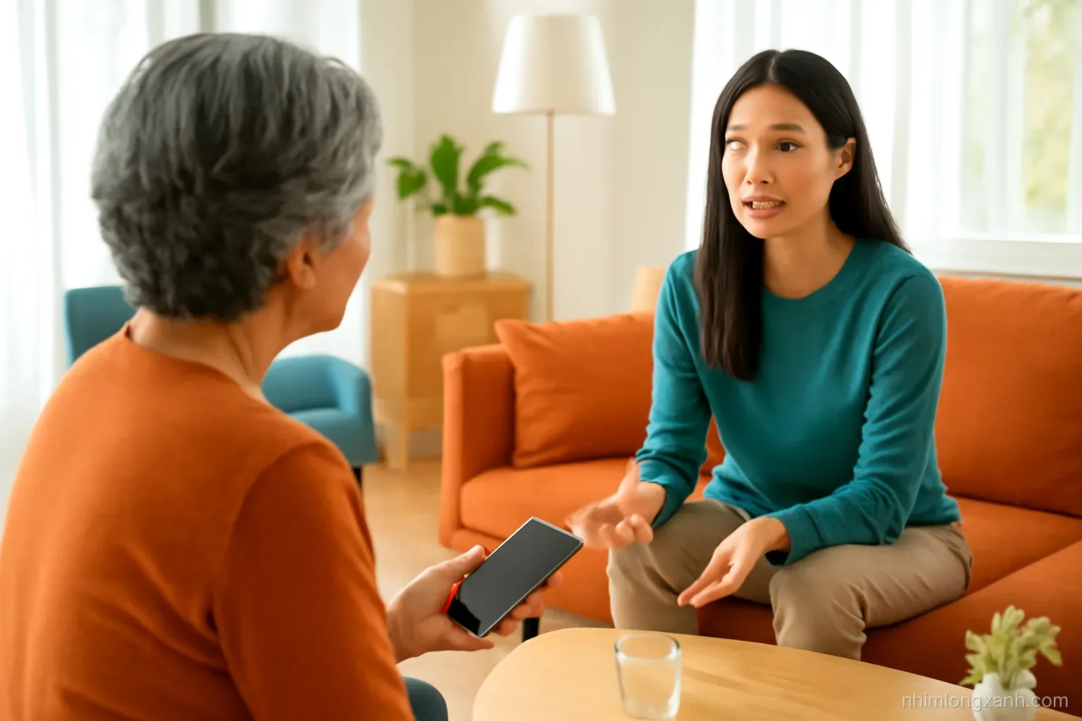 Over-the-shoulder shot of an older Vietnamese woman pausing with a smartphone face down in her hand while her adult daughter gestures calmly, sunny living room, warm orange and teal palette