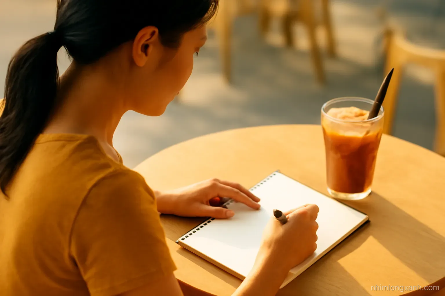 Over-the-shoulder view of a Vietnamese woman in her thirties handwriting on a blank notepad at a cafe table, iced coffee beside her, warm golden hour light, amber and brown tones