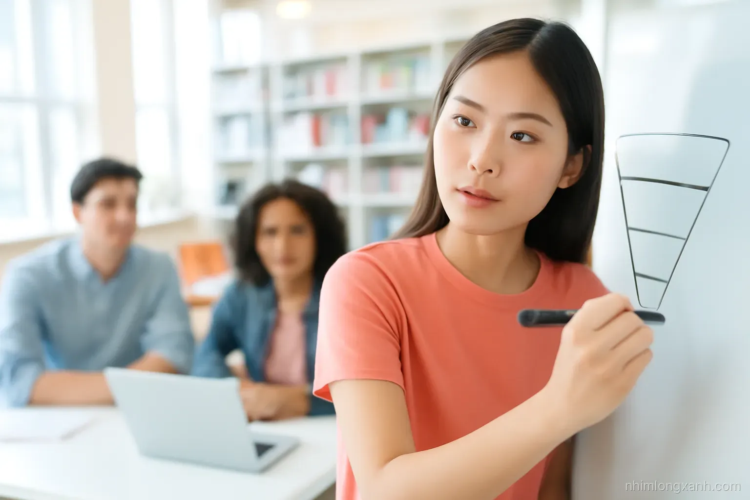 Close-up of a Vietnamese university student sketching a funnel diagram with a marker on a whiteboard, blurred classmates behind, bright library, coral and slate colors