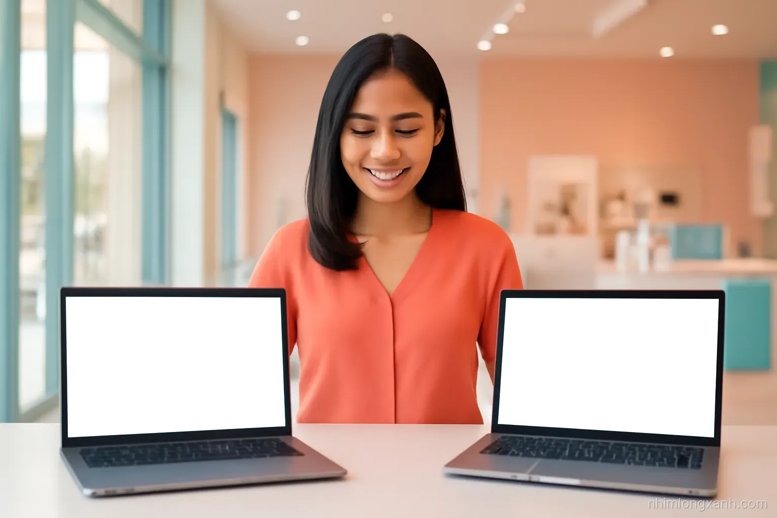Front-facing wide shot through a glass storefront of a young Vietnamese woman comparing two open laptops with blank glowing screens on a bright showroom table, airy store interior softly blurred, peach and teal palette