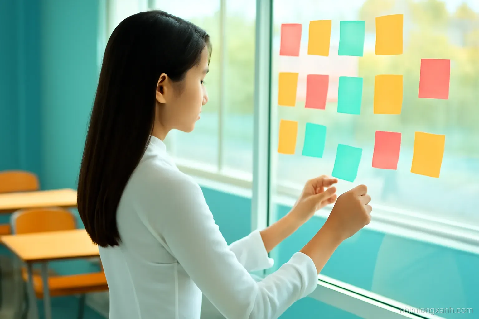 Over-the-shoulder view of a Vietnamese high school girl in a white ao dai sorting colorful sticky notes on a glass wall, sunny classroom, teal and orange tones