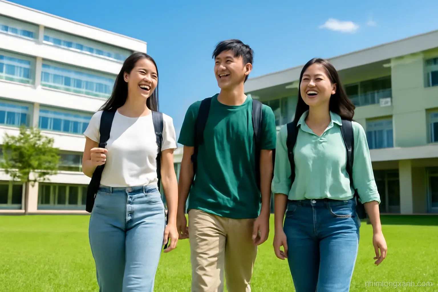 Wide shot of three Vietnamese university students walking across a sunlit modern campus lawn with backpacks, laughing, low angle, bright blue sky, green and white palette