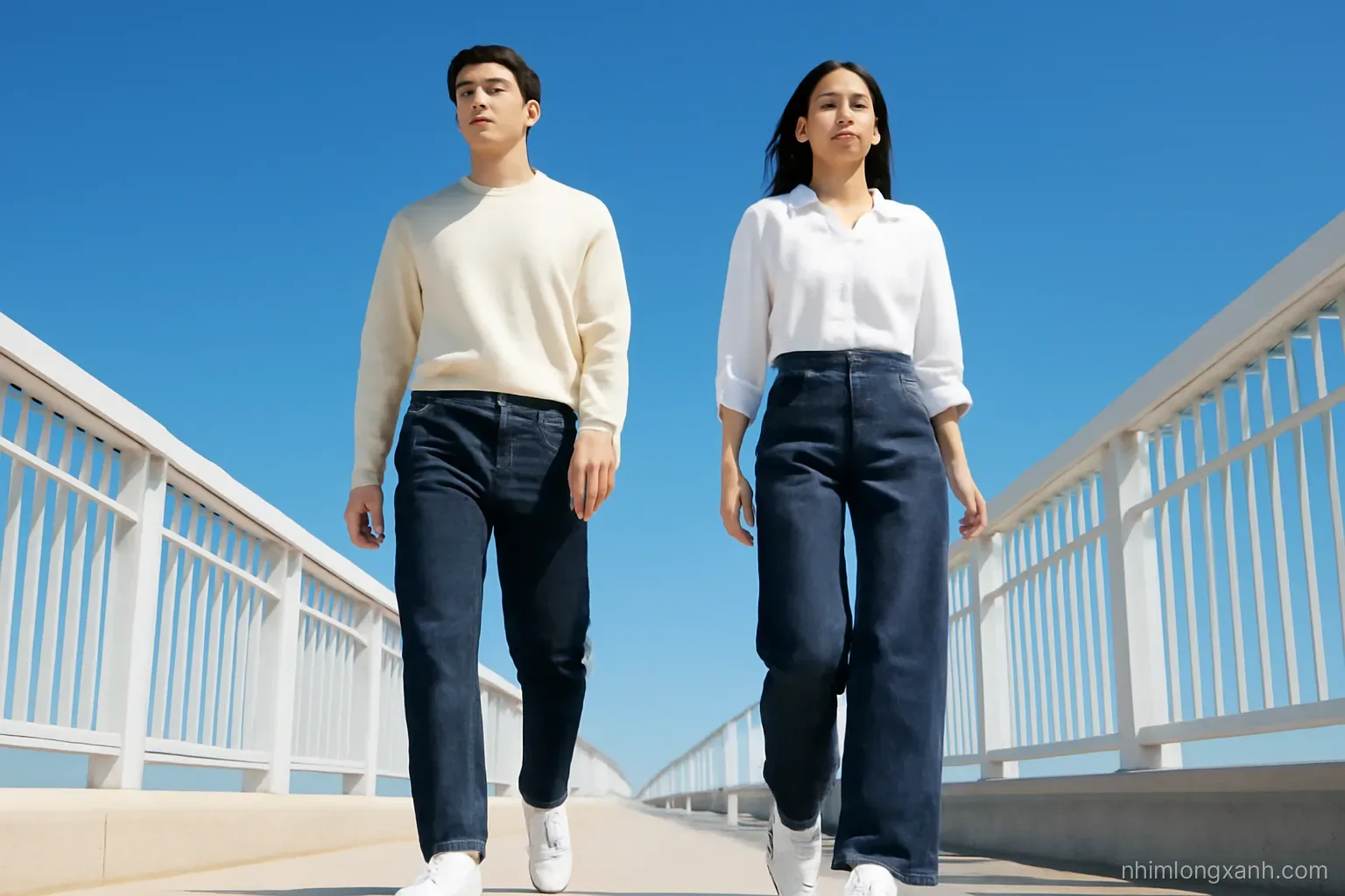 Low angle shot of a Vietnamese man and woman in contrasting straight and wide-leg indigo jeans walking across a sunlit pedestrian bridge, clear blue sky, crisp white sneakers