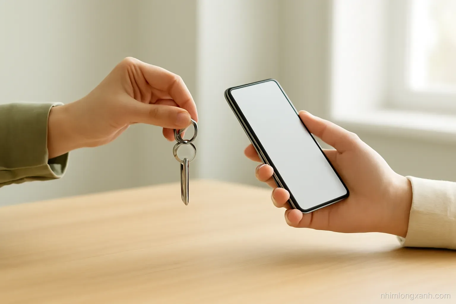 Close-up of two hands over a wooden table, one sliding a set of apartment keys forward, the other holding a phone, soft afternoon light, muted olive and cream palette