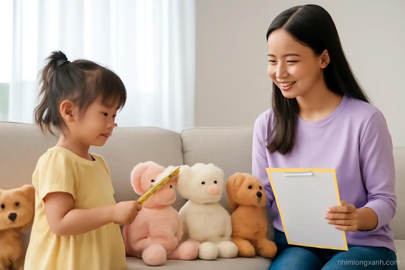 Low angle shot of a Vietnamese toddler girl and her mother playing pretend school with stuffed animals seated in a row on a sofa, afternoon window light, lavender and butter yellow palette