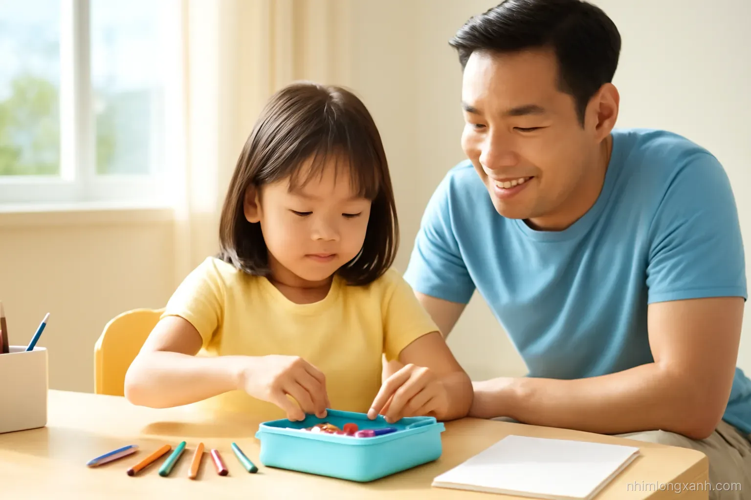 Eye-level shot of a Vietnamese six-year-old girl at a tidy home desk sorting crayons into a pencil case, sunny window behind her, father kneeling beside, warm honey and sky blue tones