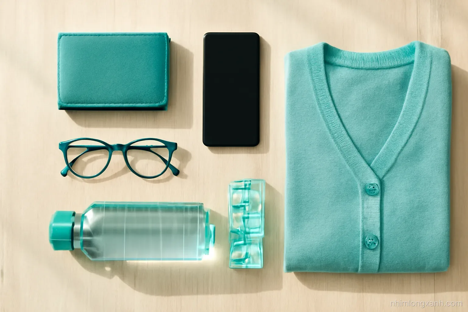 Top-down flat lay on a light oak table: wallet, smartphone with blank dark screen, reading glasses, weekly pill organizer, folded cardigan and water bottle, crisp morning light, teal accents