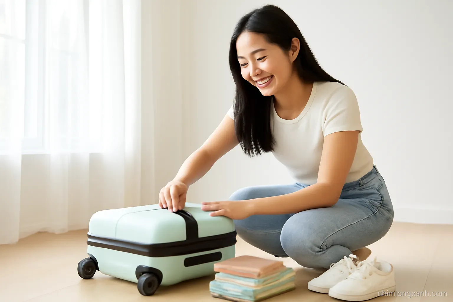 Eye-level side shot of a smiling Vietnamese young woman zipping a compact mint carry-on suitcase on a light wooden floor by a sunny window, rolled clothes and white sneakers beside her, airy morning light