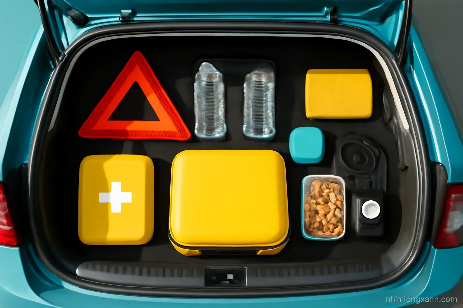 Flat lay from above of a car trunk packed for a road trip, first aid kit, reflective warning triangle, water bottles, snacks, tire inflator, bright sunlight, cheerful yellow and teal