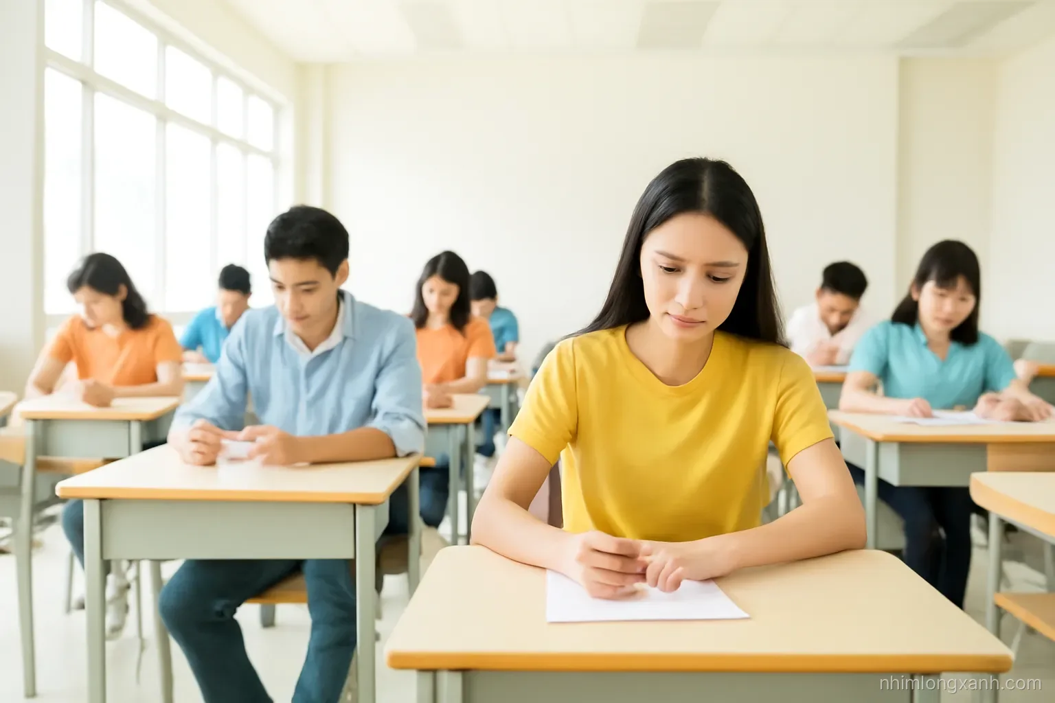 Wide shot of Vietnamese university students sitting at rows of desks in a sunny exam hall, pencils in hand, low angle from the aisle, airy white and soft yellow tones