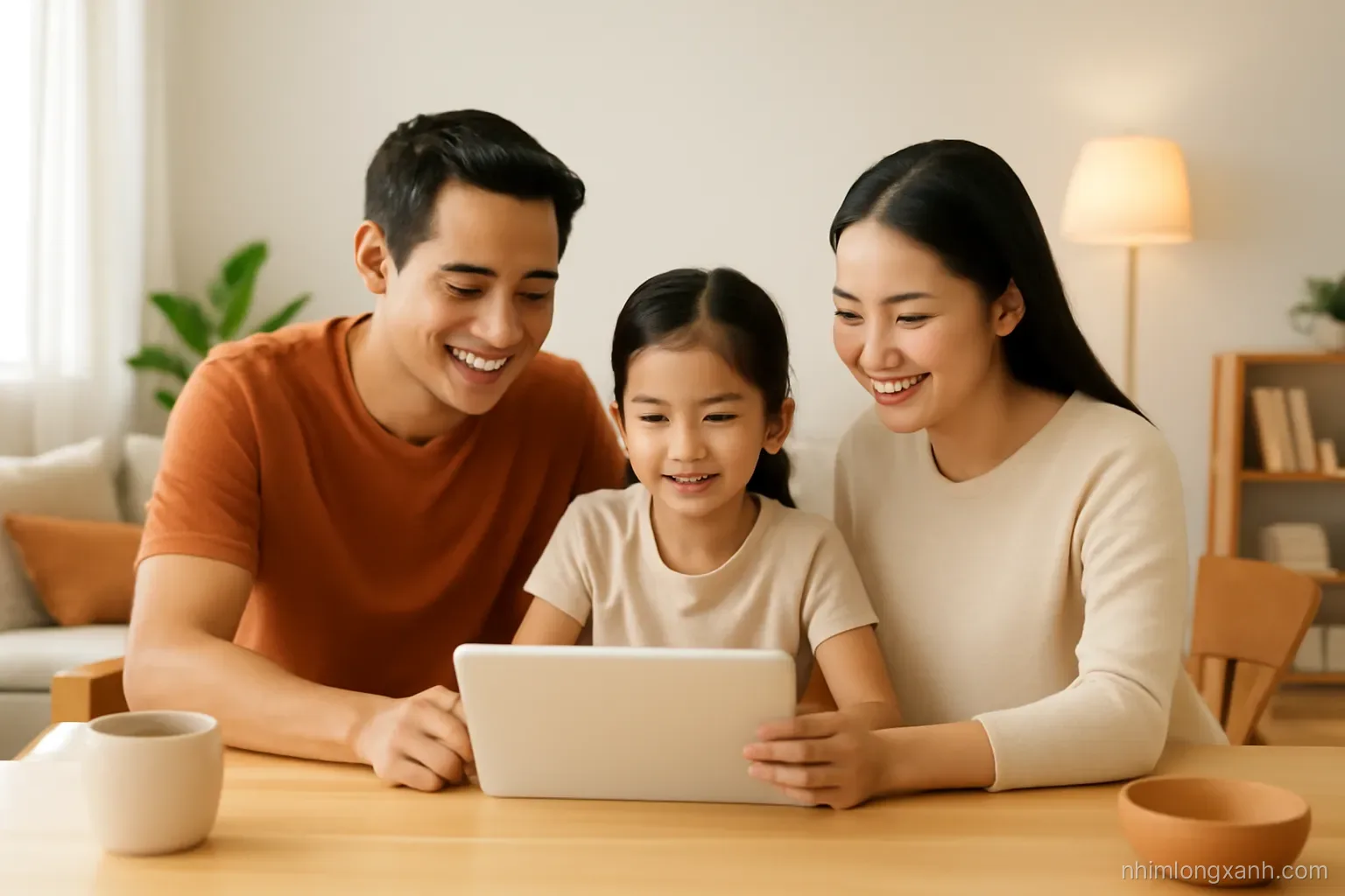 Wide shot of a Vietnamese family of three sitting at a dining table reviewing a tablet with a blank screen, cozy living room, warm evening lamp light, beige and terracotta tones