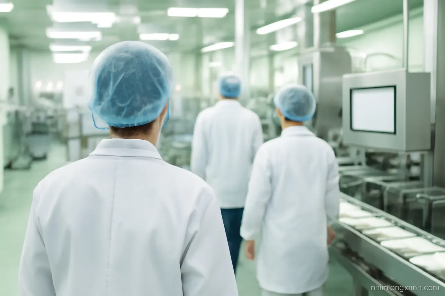 Over-the-shoulder shot of a Vietnamese quality manager in a hairnet walking through a clean food packaging line with two colleagues, bright overhead factory light, white and pale green tones