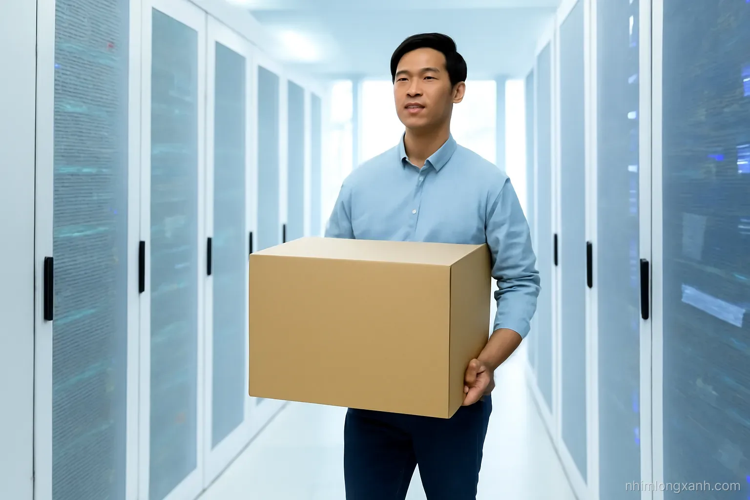 Wide shot of a Vietnamese IT technician carrying a cardboard moving box into a bright modern server room with white racks and blinking lights, cool blue and white tones