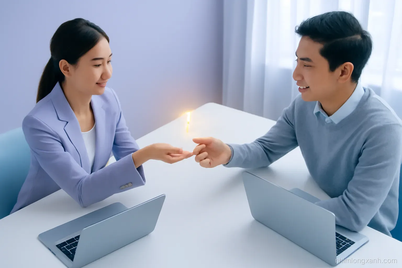Two Vietnamese colleagues passing a small glowing key between their hands across a white meeting table, laptops with blank glowing screens, top-down angle, cool lavender and silver tones
