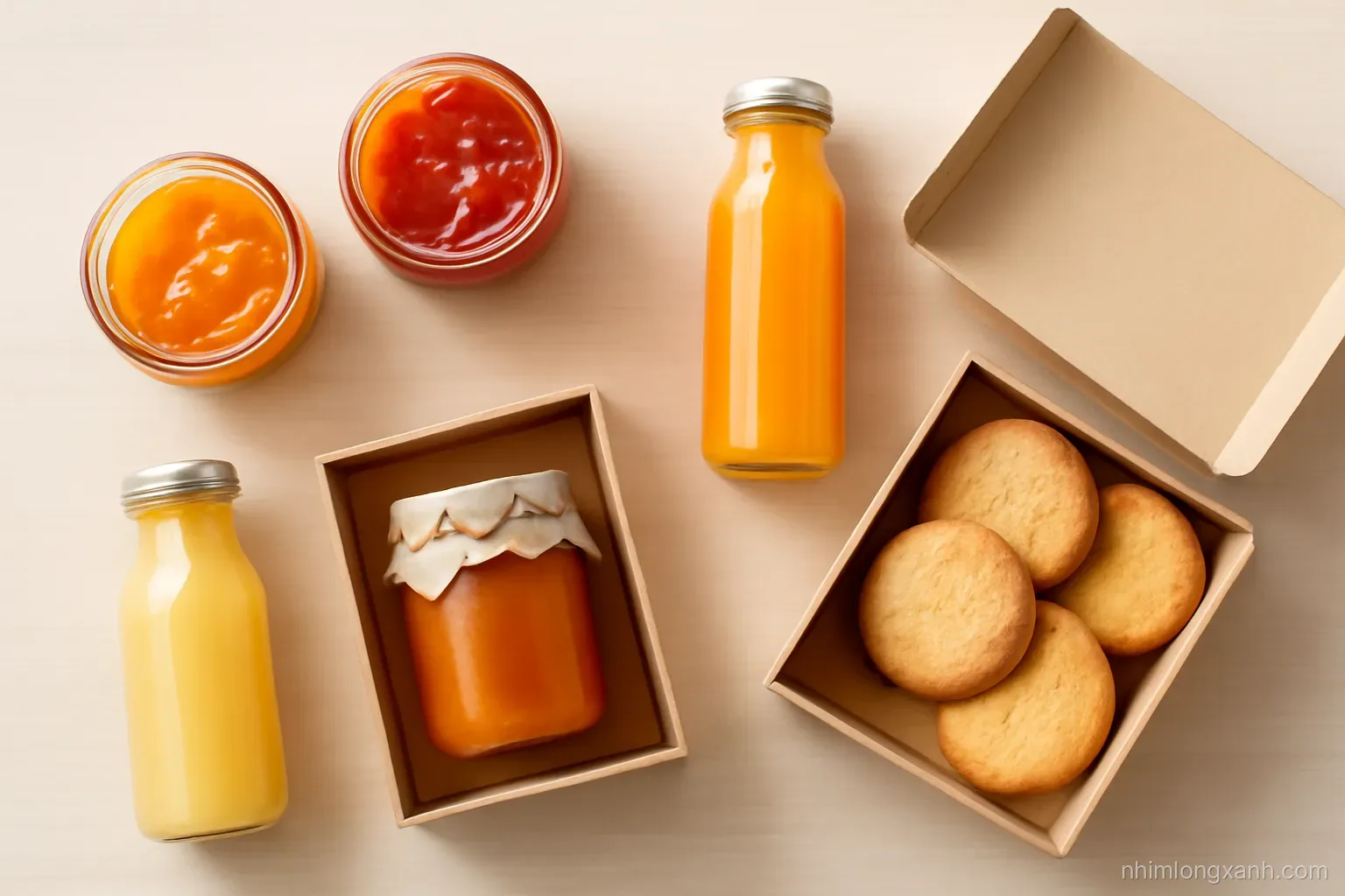 Top-down flat lay of homemade Vietnamese jars of fruit jam, glass bottles of juice and cookies in plain kraft boxes on a pale wooden table, soft daylight, peach and beige palette