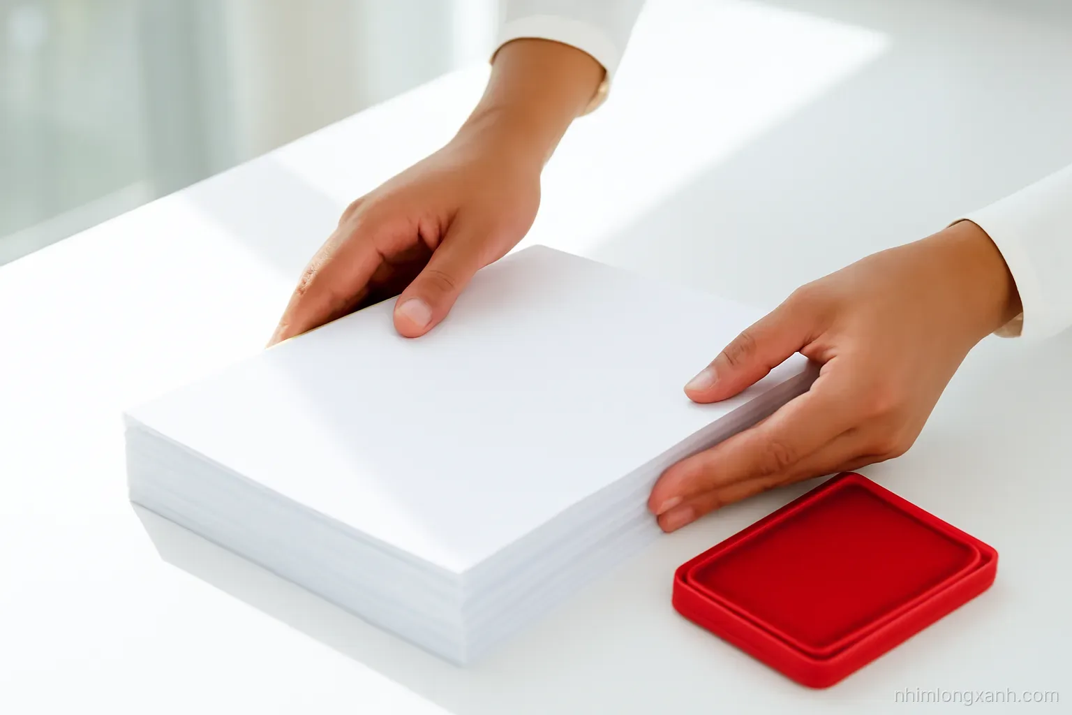 Close-up of Vietnamese hands placing a fresh stack of blank white photocopies beside a red ink pad on a bright counter, crisp natural light, red and white palette