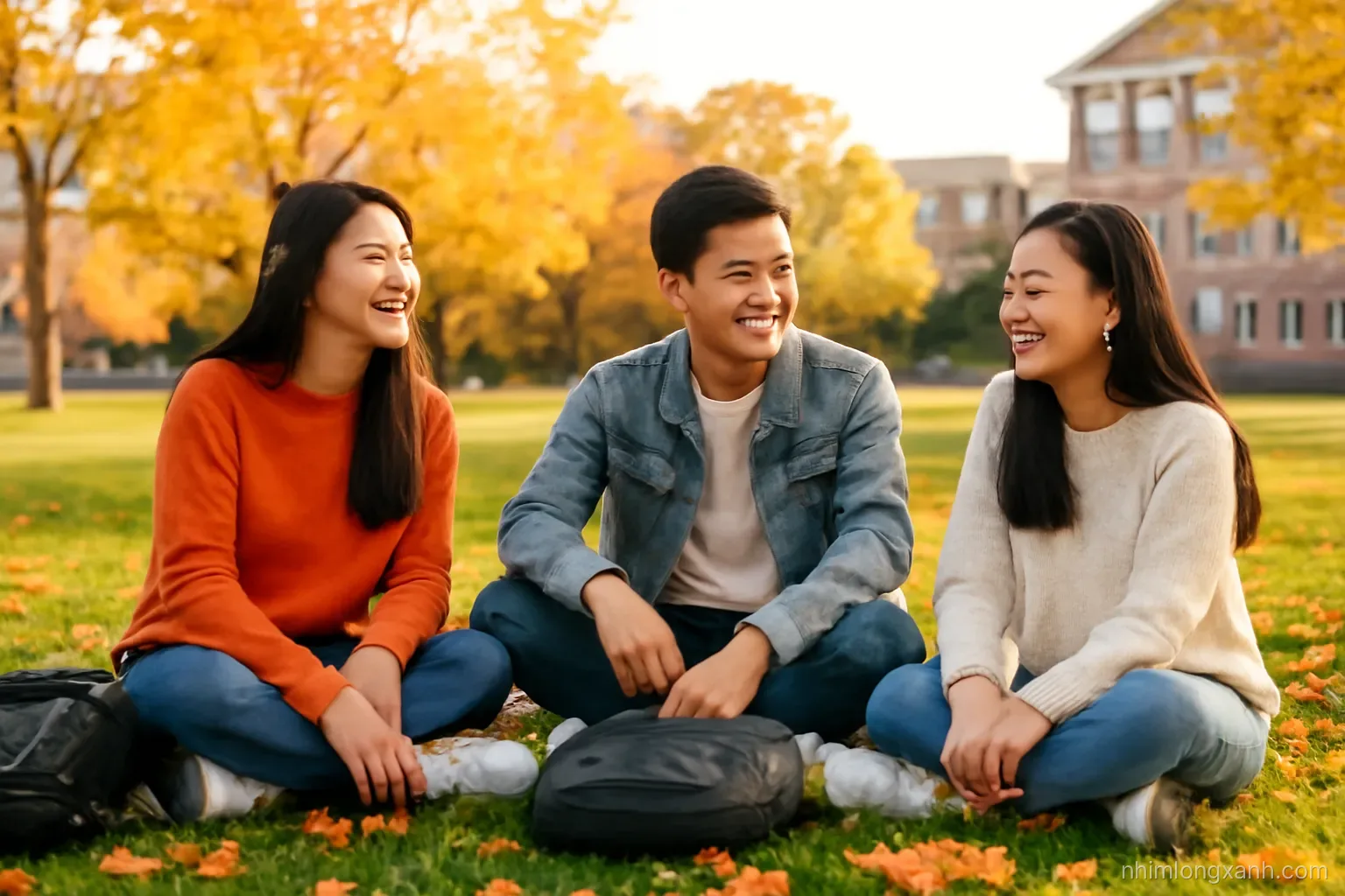 Wide shot of three Vietnamese international students laughing on campus lawn in autumn, orange and gold leaves, backpacks on grass, soft late afternoon sunlight, eye-level view