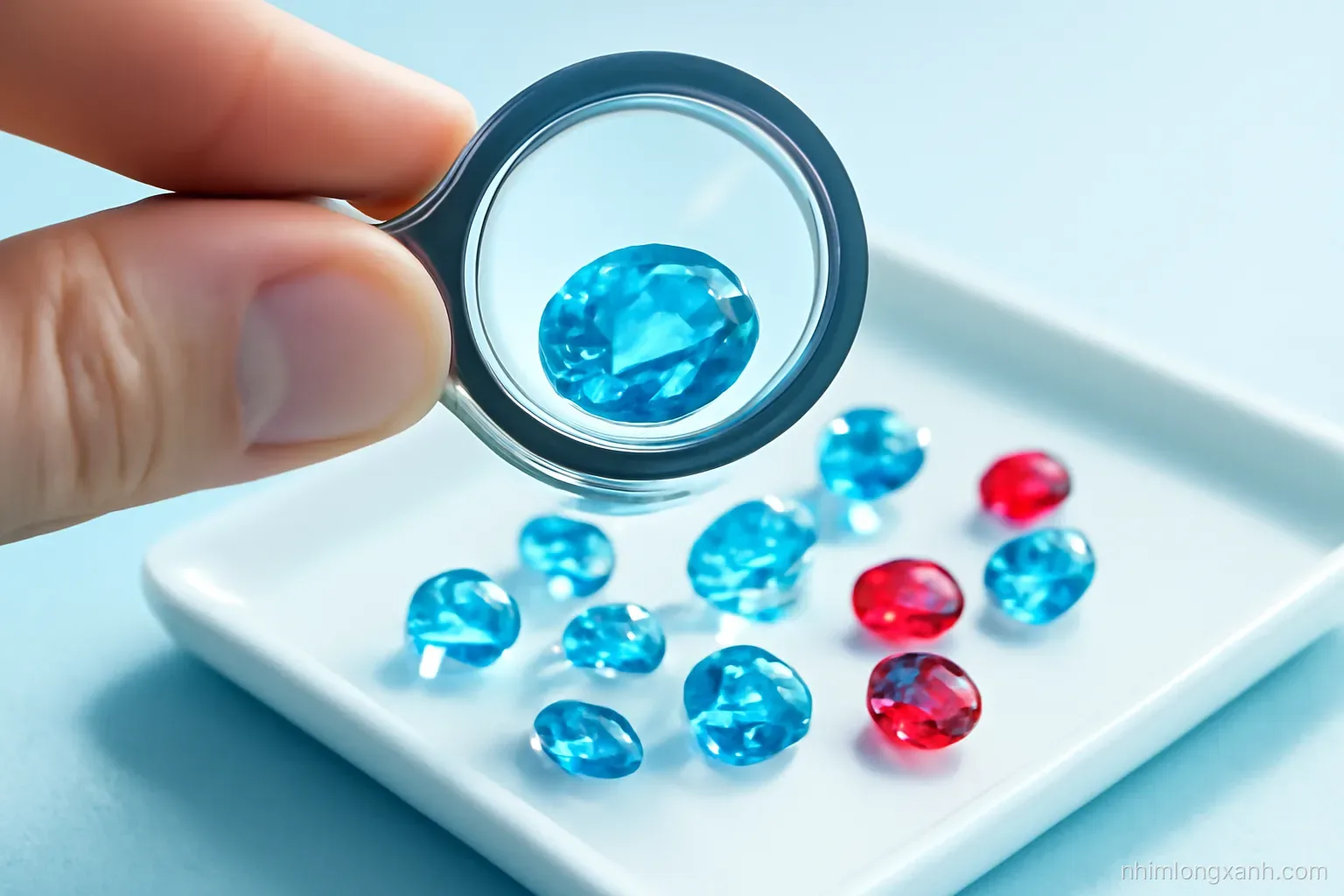 Extreme close-up macro of a jeweler loupe held over a cluster of loose blue and red faceted gemstones on a white ceramic tray, crisp daylight, cool blue tones
