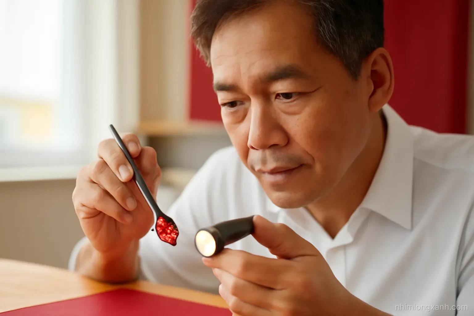 Close-up of a Vietnamese man in his fifties examining a deep red faceted gemstone with tweezers and a penlight at a wooden workbench, warm side lighting, crimson accents