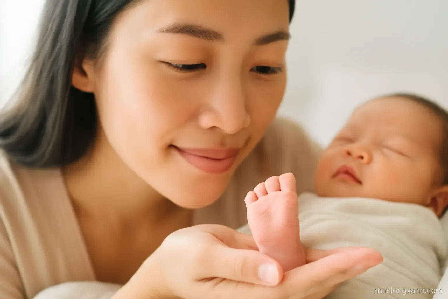 Close-up of a Vietnamese mother holding her newborn baby tiny foot in her palm on a white blanket, soft window light, pastel peach and cream tones, macro shot