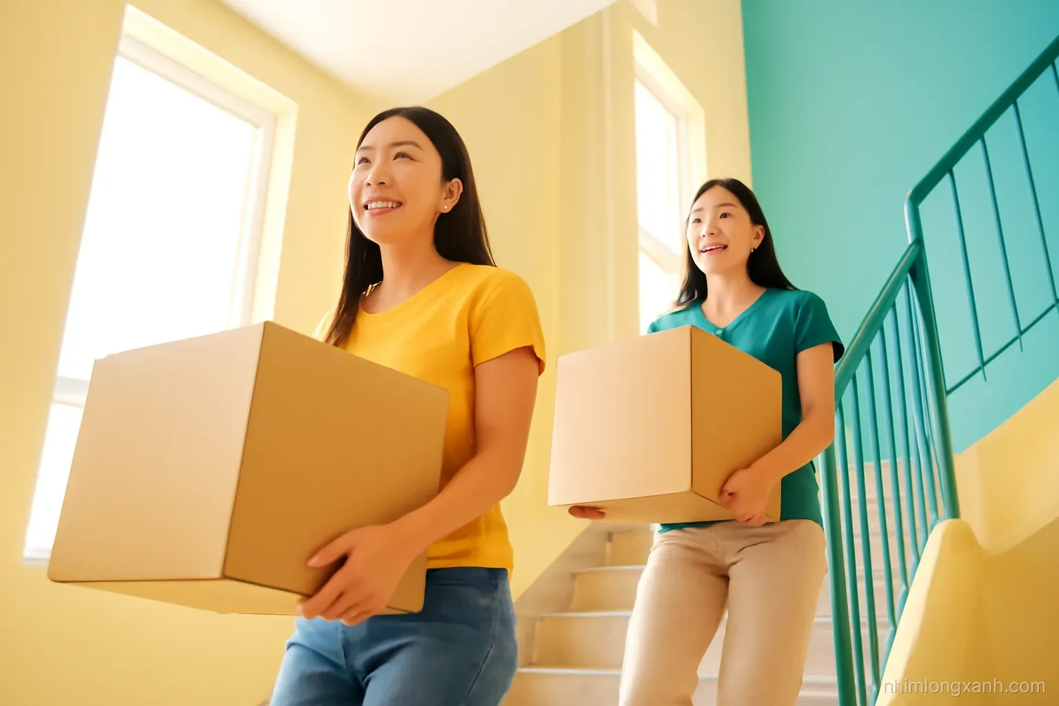 Two Vietnamese young women carrying cardboard moving boxes up a bright stairwell of a new apartment, low angle shot, afternoon sun, warm yellow and teal colors