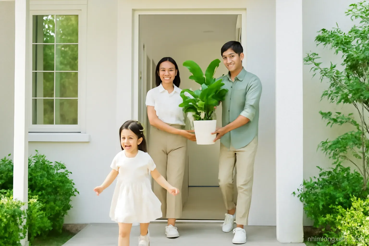 Wide shot of a Vietnamese family of three carrying a potted plant into a sunlit new townhouse doorway, child running ahead, cheerful mood, white and leafy green palette