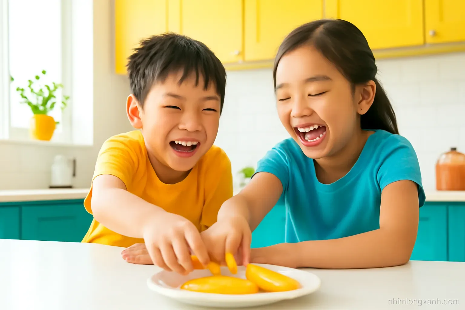 Low angle view of two Vietnamese children laughing as they both reach for the last mango slice on a plate, bright kitchen, sunny yellow and teal palette