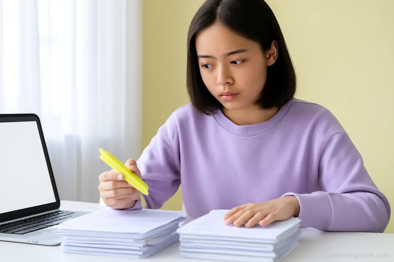 Close-up of a Vietnamese female student comparing two stacks of handwritten notes with a highlighter, laptop edge with blank screen, soft daylight, lavender and pale yellow colors