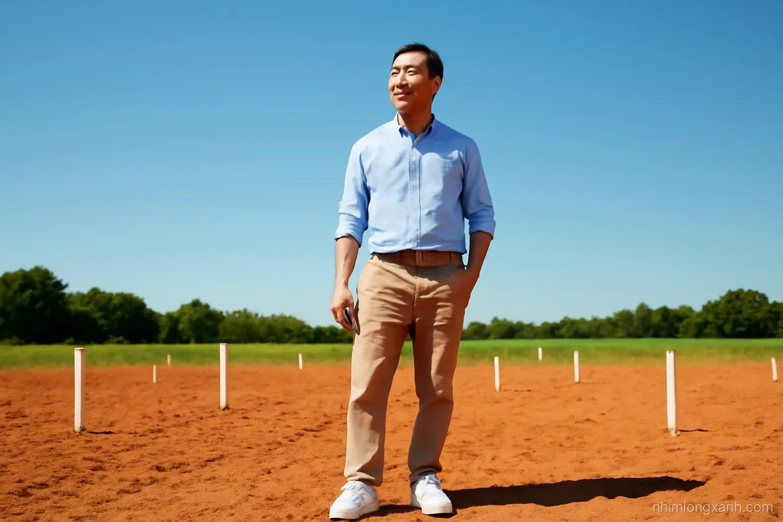 Low angle shot of a Vietnamese middle-aged man standing on a vacant plot of red soil marked with white stakes, clear blue sky, bright midday sun, green fields behind