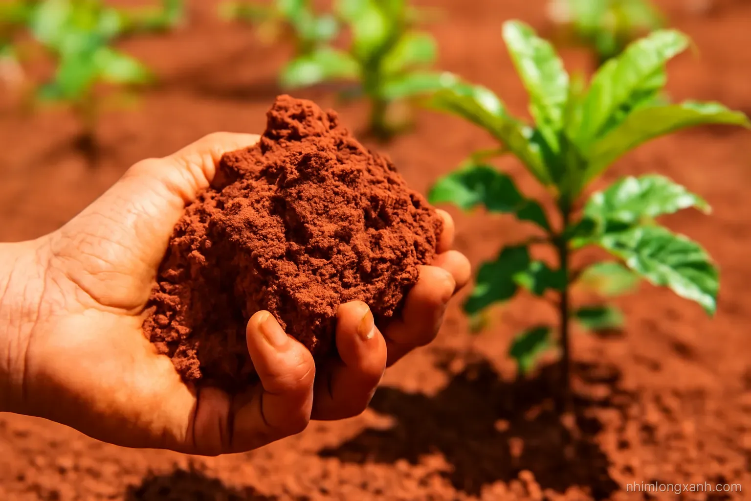 Macro close-up of a Vietnamese farmer hand holding a crumbly lump of deep red volcanic soil, coffee seedlings blurred behind, strong midday sun, vivid red and fresh green contrast