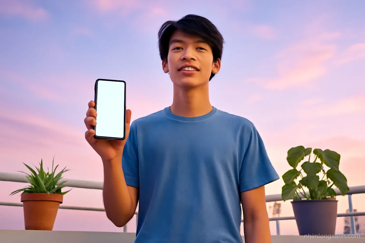 Low angle shot of a Vietnamese teenage boy on a rooftop balcony holding a smartphone with a blank glowing screen, potted plants, pastel sunset sky, violet and peach tones