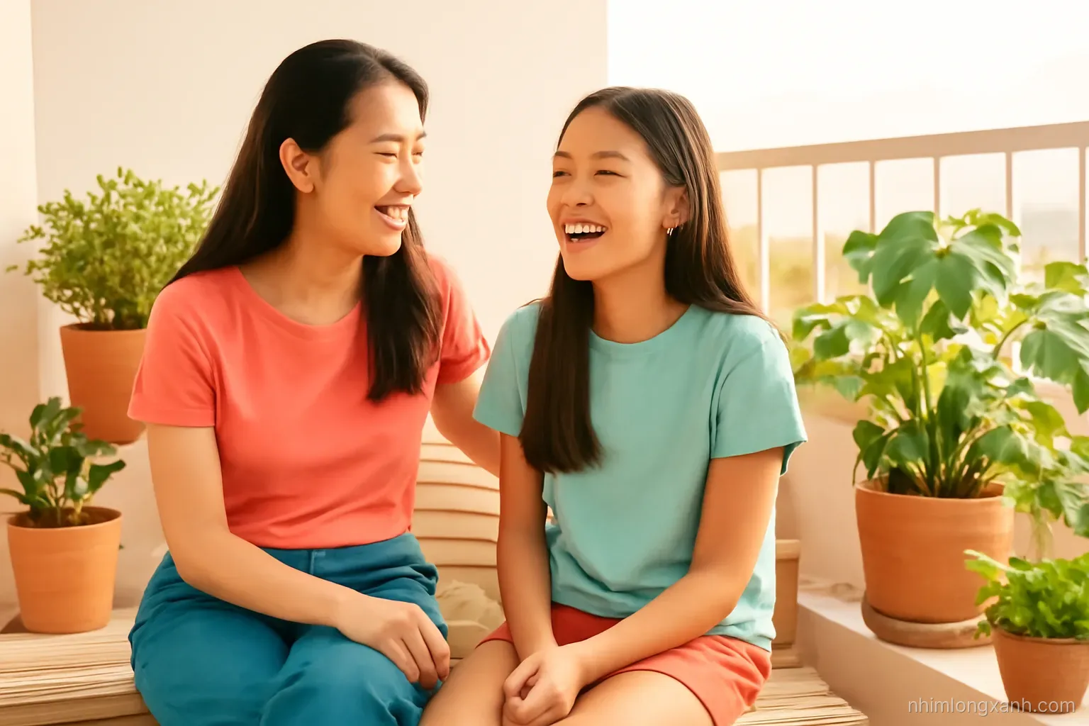 Medium shot of a Vietnamese mother and her preteen daughter chatting and laughing on a balcony bench with potted plants, golden morning light, coral and teal tones