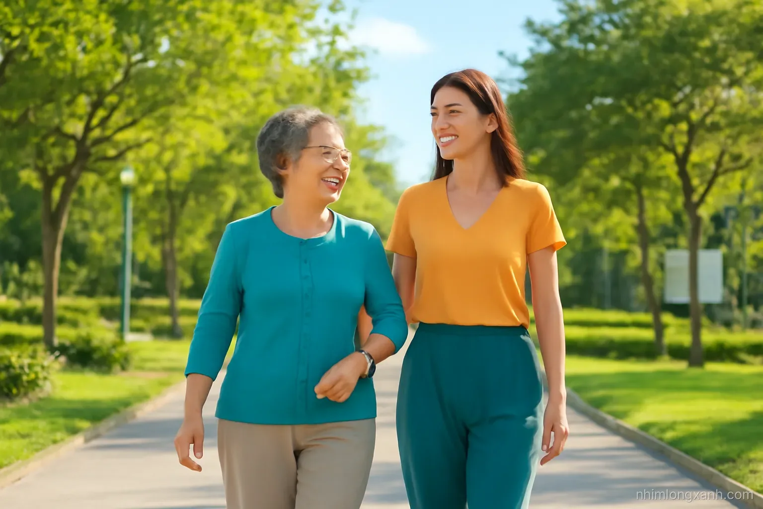 Wide shot of a Vietnamese grandmother and her adult daughter walking together in a sunlit city park in the morning, lush greenery, bright clear sky, cheerful teal and gold palette