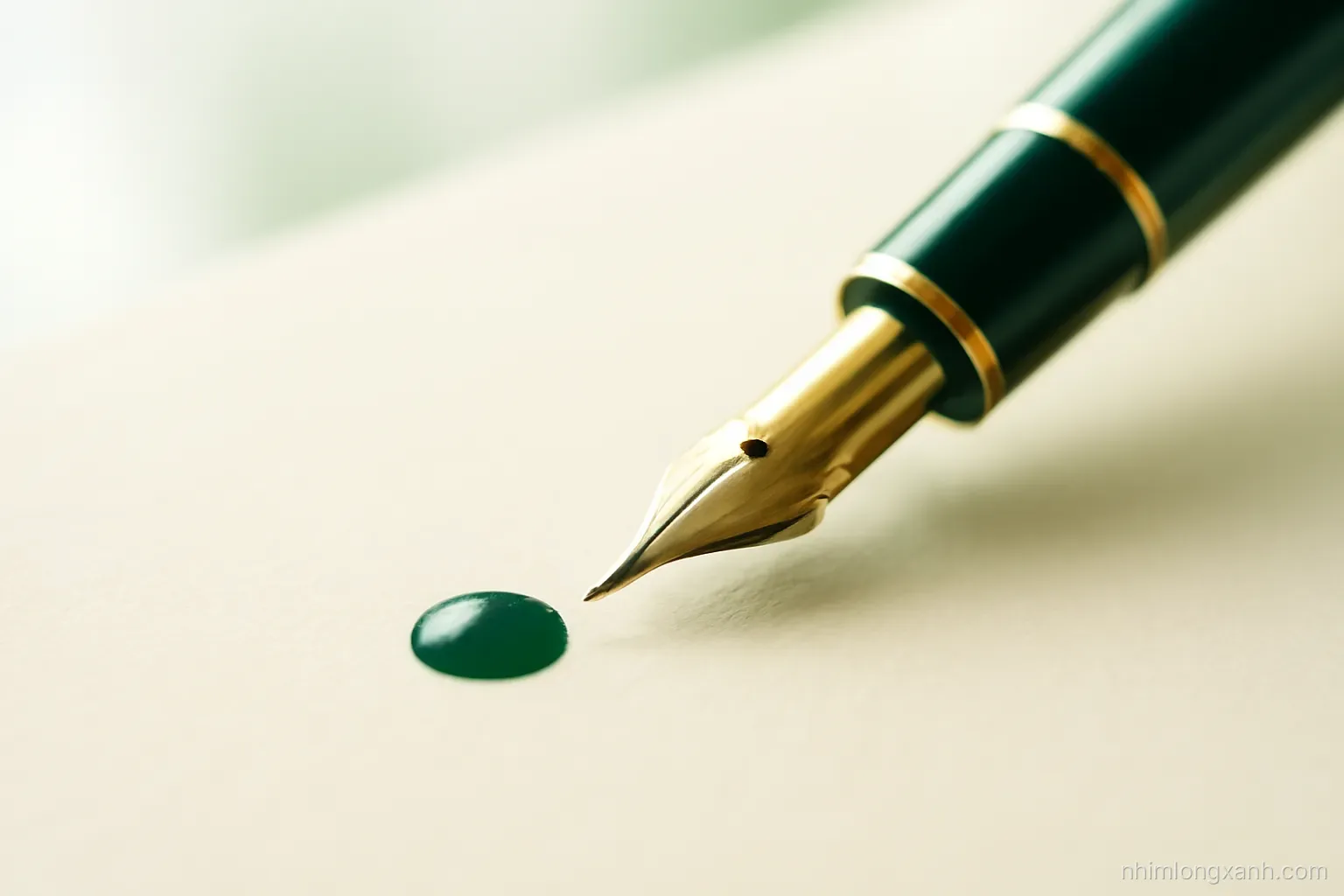Macro close-up of a fountain pen nib resting on blank cream paper with a tiny drop of emerald ink, soft diffused window light, calm green and ivory palette