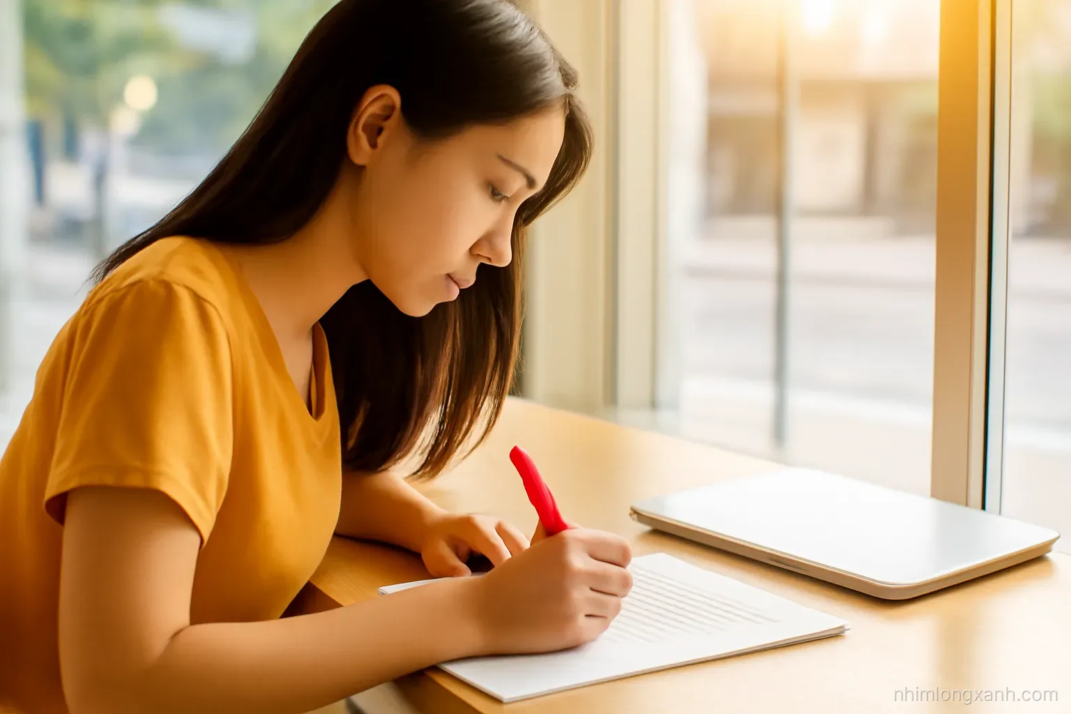 Over-the-shoulder shot of a young Vietnamese woman annotating a draft with a red pen at a cafe window table, laptop closed beside her, warm amber afternoon light