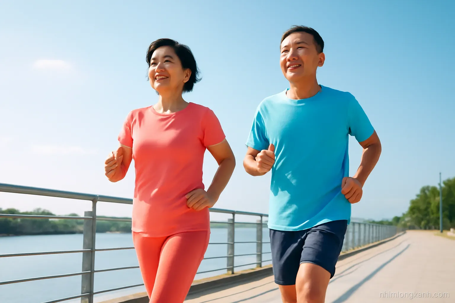 Low angle shot of a Vietnamese couple in their fifties walking briskly on a riverside promenade, morning sun, coral and sky blue sportswear, energetic stride