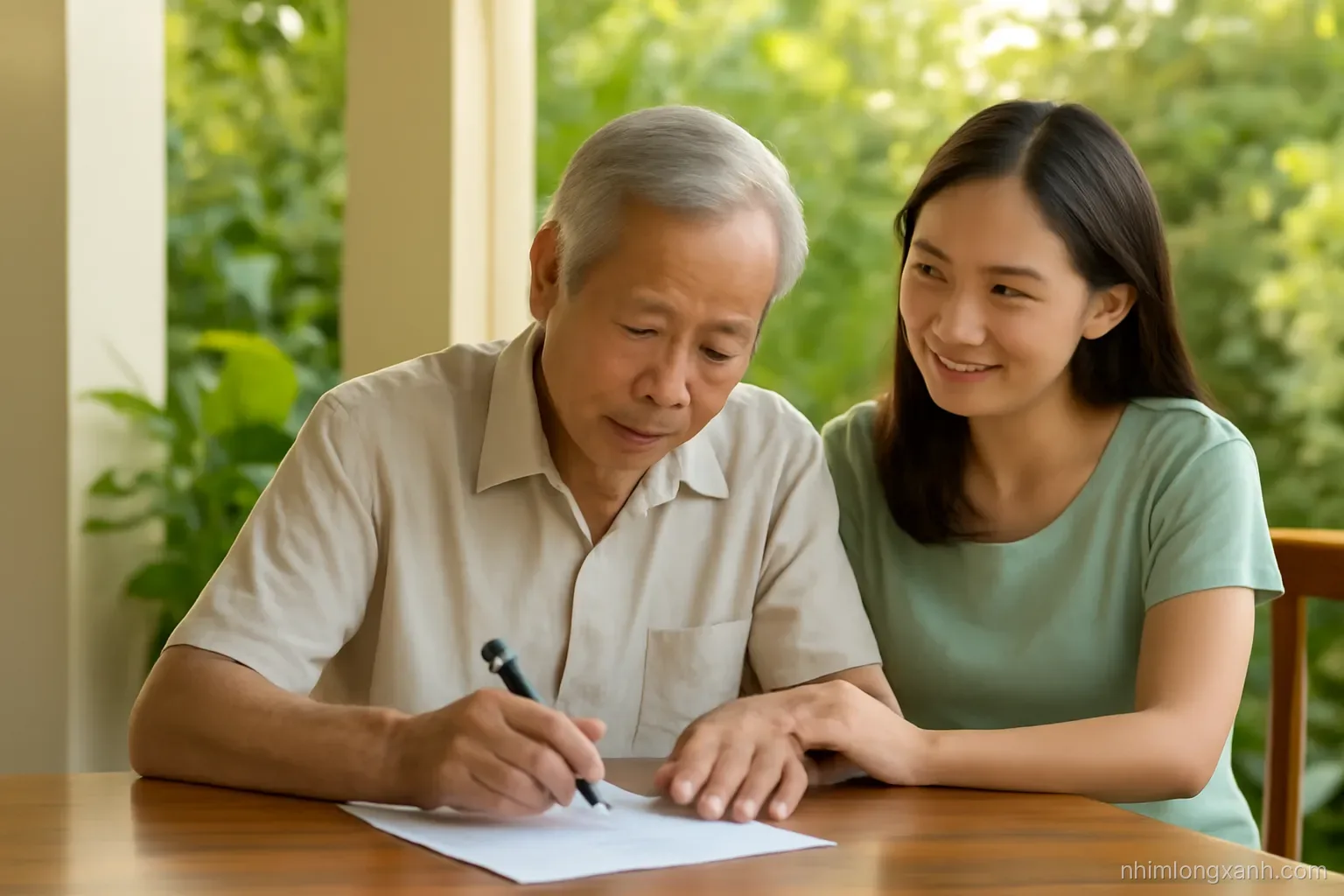 Elderly Vietnamese man with silver hair writing slowly with a pen at a teak table on a quiet veranda, his daughter sitting beside him, gentle late afternoon light, green and sepia tones