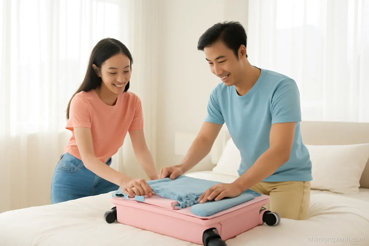Wide shot of a young Vietnamese couple packing a pastel suitcase on a bed in a bright apartment, morning sun through sheer curtains, peach and sky blue tones, cheerful mood